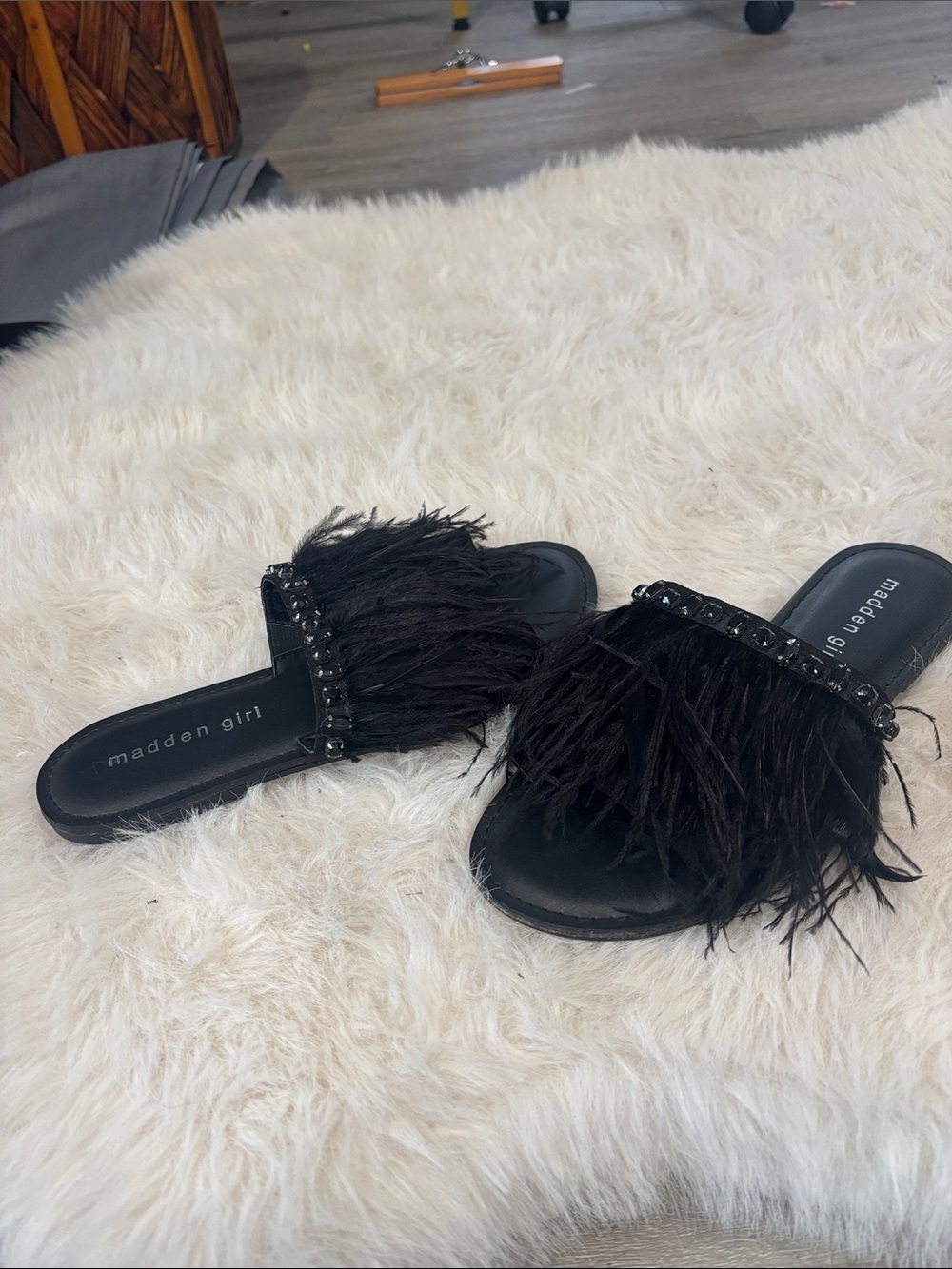 Madden Girl Black Feather Slide Sandals with Stud Detail